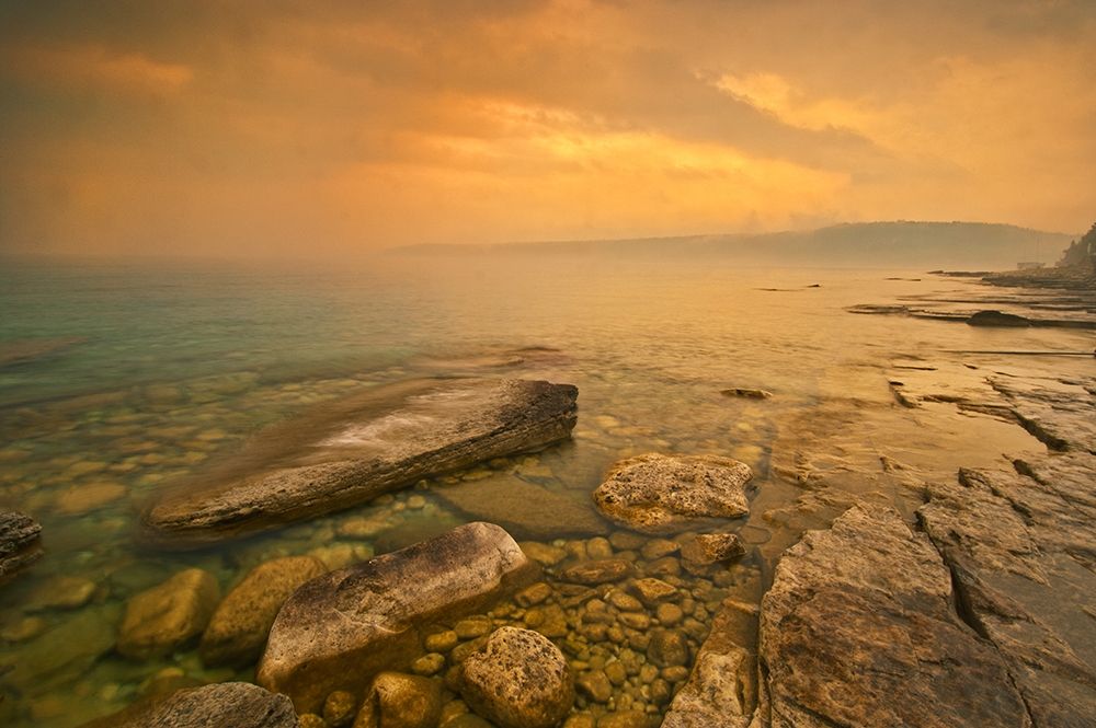 Canada-Ontario-Morning fog on Georgian Bay Limestone Rock Barrow Bay Bruce Peninsula